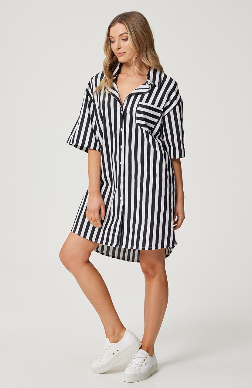 Black and white cheap striped button down dress