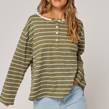 Henley Long Sleeve - Khaki Stripe